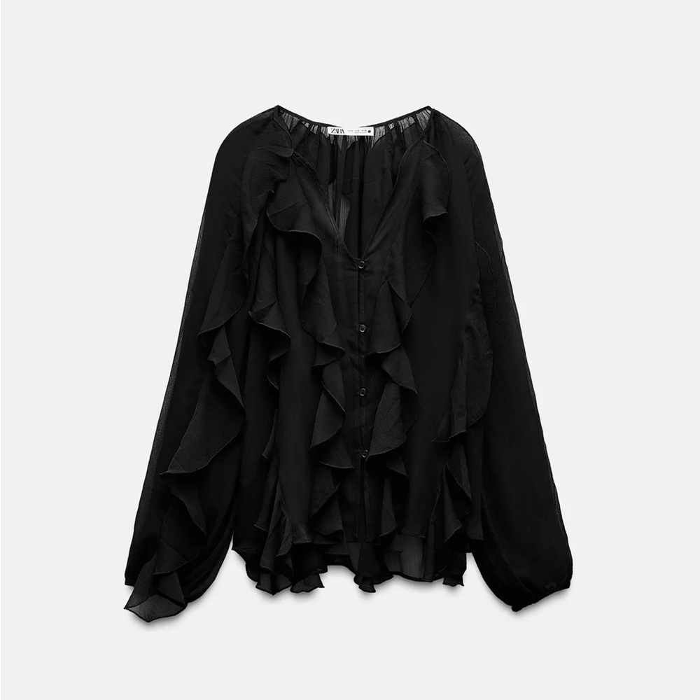 Zara Black Ruffled Blouse Size Large